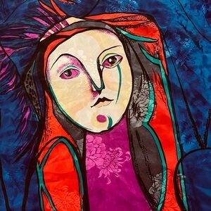 Vintage art scarf or wall hanging Picasso silk painted lady